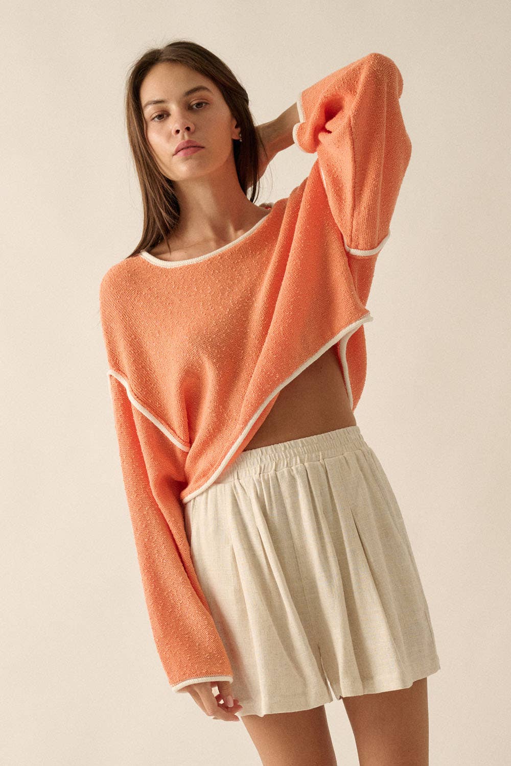 Promesa USA - Wholesale Knit Sweater - Women's - Loose Knit Boat Neck Exposed Seam Crop Sweater76