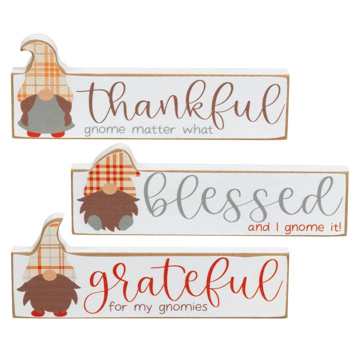 Thankful/Grateful/Blessed Gnome Block, 3 Assorted for wholesale by The Hearthside Collection