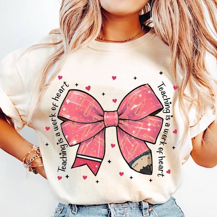 Teacher Valentine Sweatshirt, Coquette Bow Pencil Shirt for wholesale by NVC Ecommerce LLC