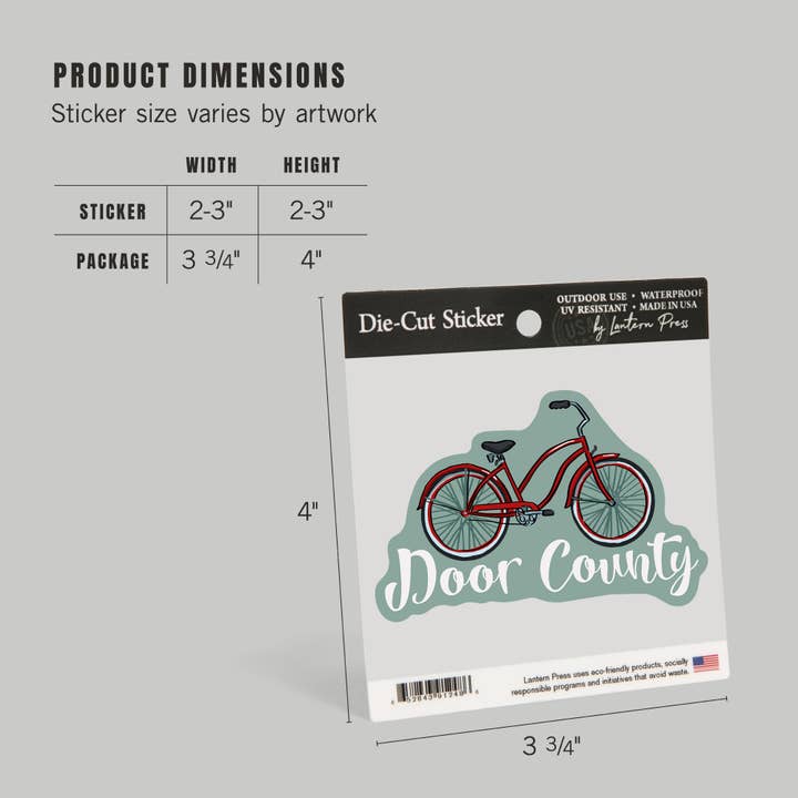 Lantern Press - Wholesale Sticker - Vinyl Sticker Door County, Wisconsin, Beach Cruiser Bike