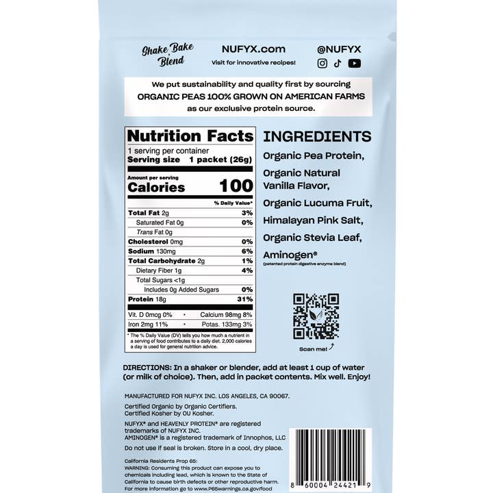 NUFYX – Engroshandel Protein-/superfoodpulver – Himmelsk Proteinpulver, Cremet Vanilje - 1 Pakke (26g)
