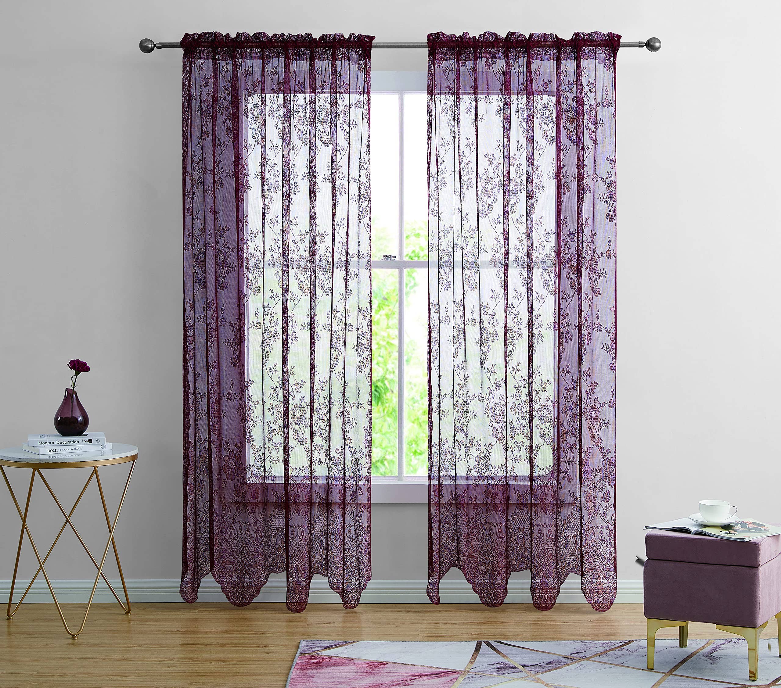 Jenin Home Furnishing Inc - Wholesale Curtain - 2pc Alison Sheer Flower Floral Lace Rod Pocket Curtain Panel11