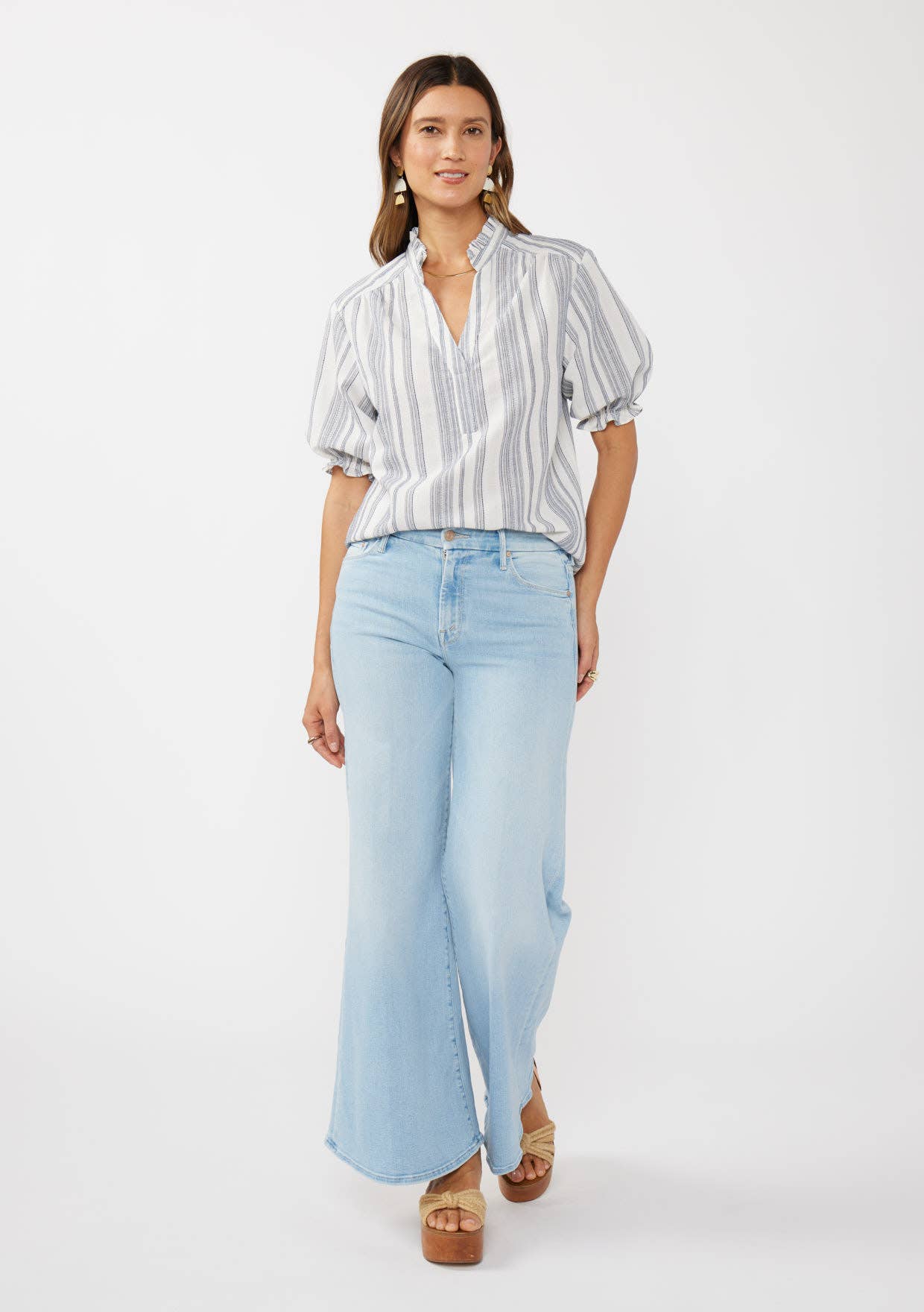 Navy Natural Yarn-Dyed Striped Puff Sleeve Split Neck Top for wholesale on Faire6