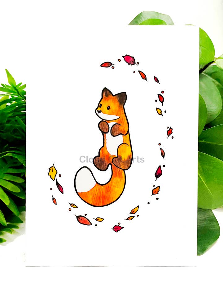 The Fox in the Wind - Fall Animal - 5x7/8x10 Art Print - Handmade for wholesale by Cloud Cat Arts