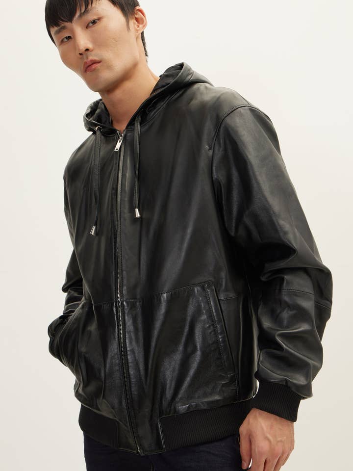 Genuine Leather Hooded Jacket - Black for wholesale by Ron Tomson