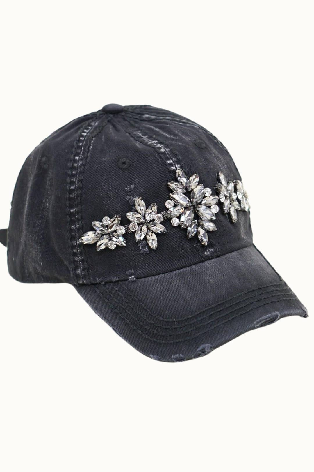Olive & Pique - Wholesale Baseball Cap - Women's - Bejeweled Bling Glitz Distressed Cap, Adjustable