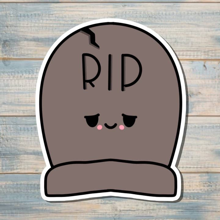 Lápide Triste Kawaii RIP, Autocolante Recortado, Arte Gráfica em Vinil, Boho Divertido | Autocolante ou Íman por atacado de Handmade by Marlayna