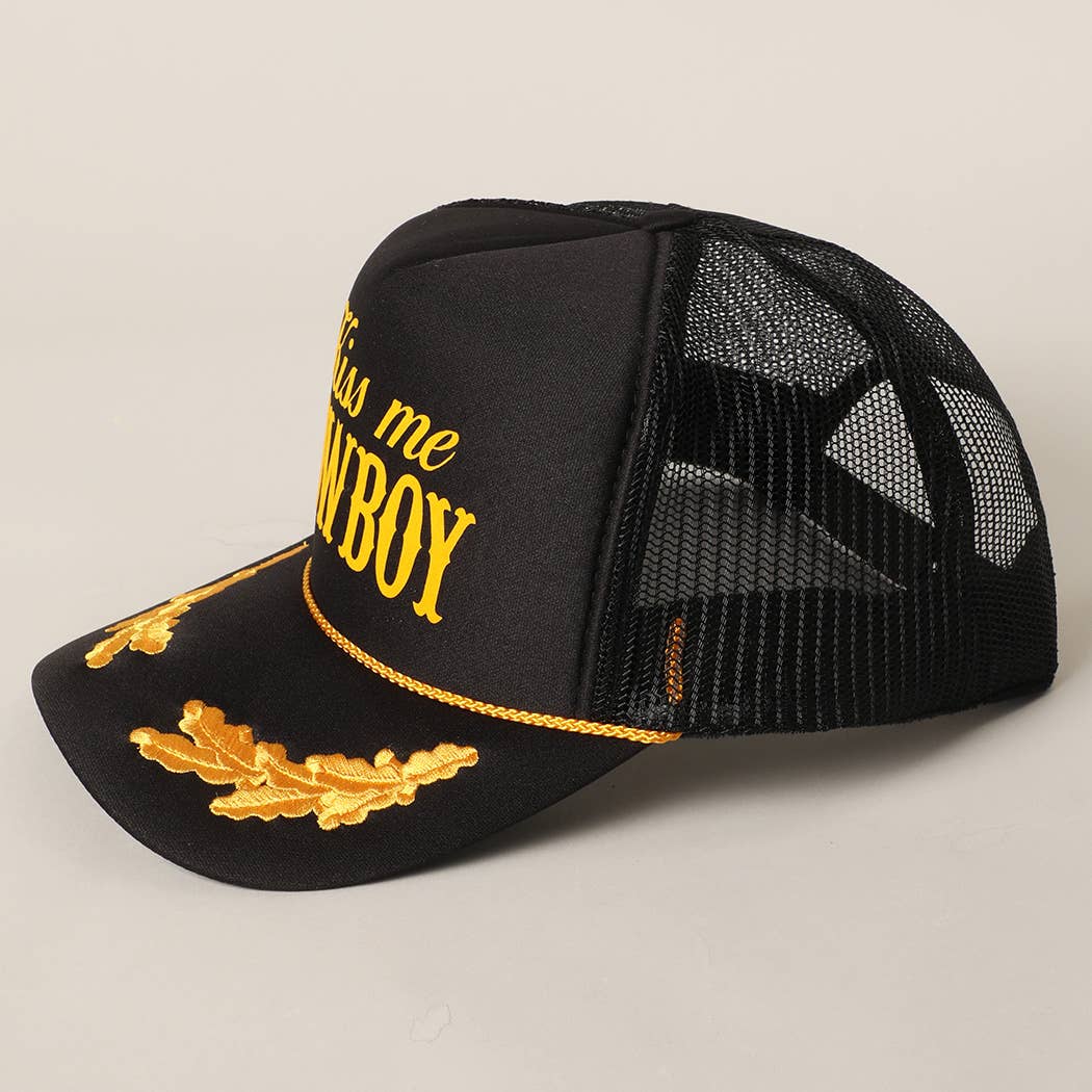 BLKGD Kiss Me Cowboy Text Foam Mesh Back Trucker Hat for wholesale on Faire6