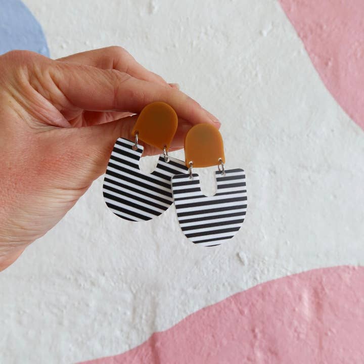 Moops Mustard Stripe Acrylic Dangle Earrings for wholesale by Pink Nade