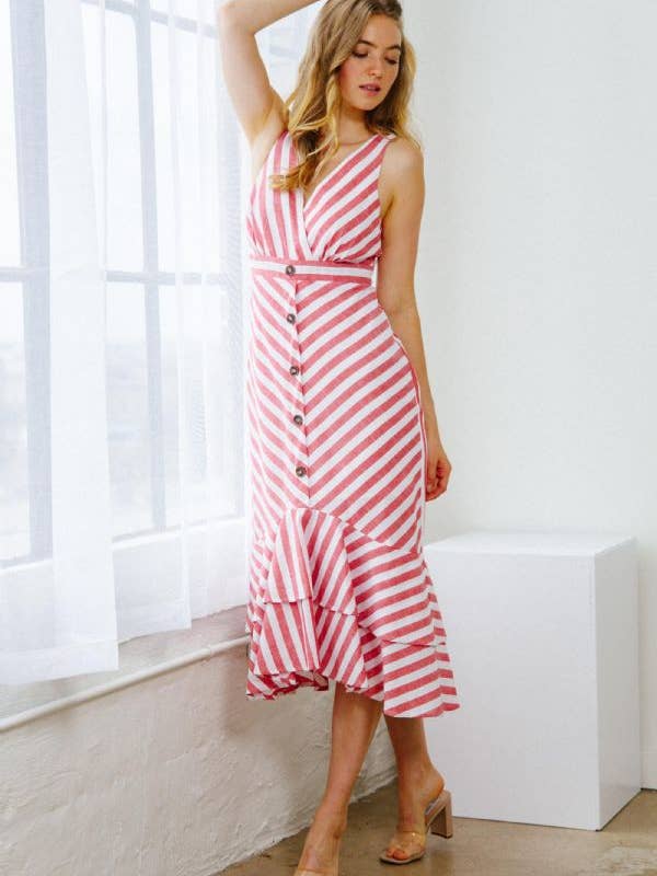 Red PLUS STRIPED BUTTON DOWN MIDI DRESS for wholesale on Faire