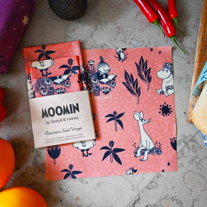 Gustaf och Linnea - Venta al por mayor Bolsa/envoltorio de alimentos - Moomin por G&L - Paño de cera de abejas "Disfrutando de la naturaleza" Paquete de tres1