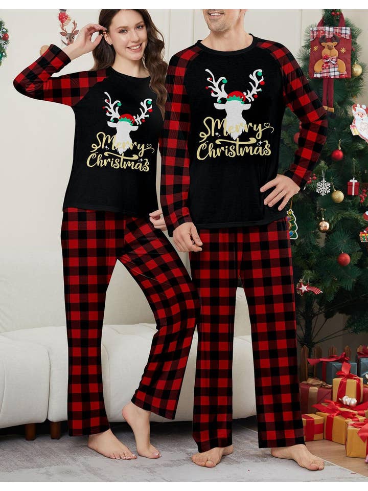 Anna Kaci Wholesale - Wholesale Sleepwear Set - Unisex - Family Christmas Pajama Set with Black Tops Red Plaid Pants11