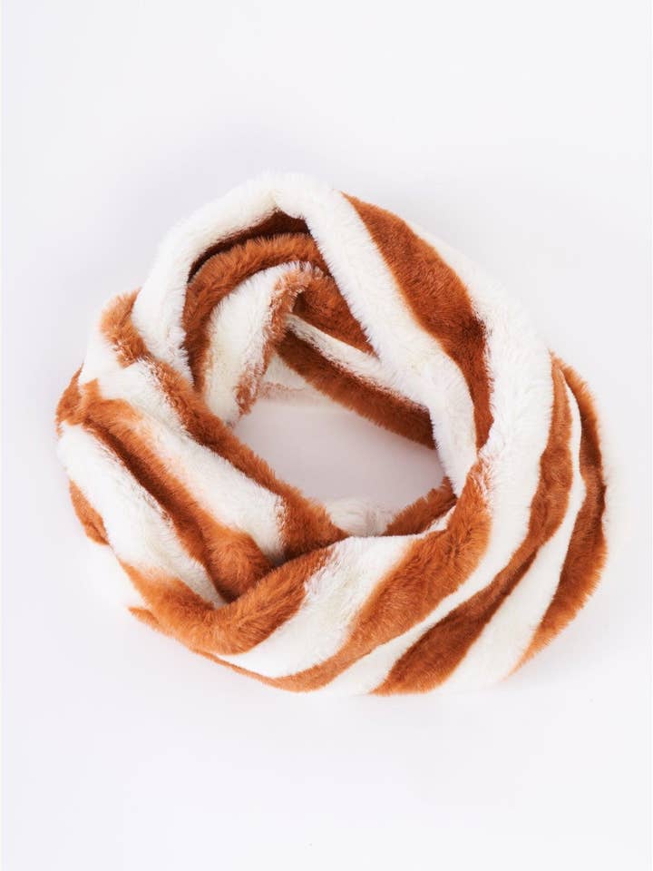 Striped Fuzzy Faux Fur Twisted Infinity Scarf /3 Pieces for wholesale by Tasha Apparel Wholesale