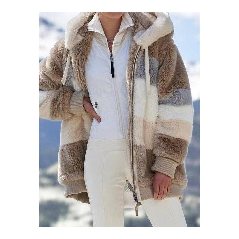 Ekartini - Vendita all'ingrosso Pelliccia/Pelliccia sintetica - Donna - Giacca invernale da donna alla moda in peluche patchwork con tasca con cerniera Giacca invernale con cappuccio Cappotto a maniche lunghe allentato retrò12