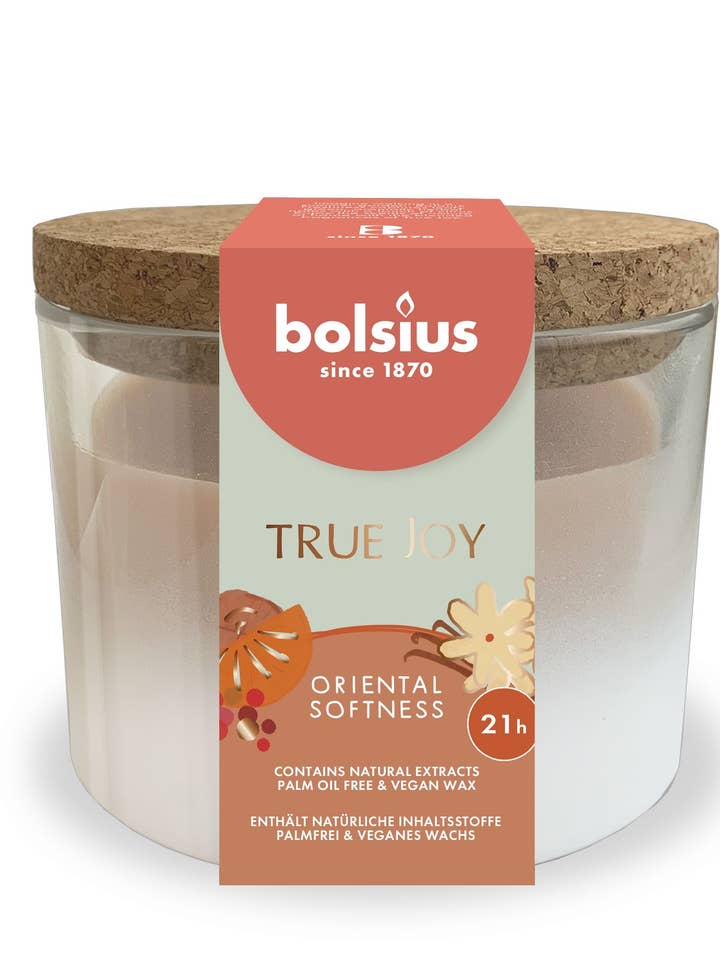 Vela Aromática True Joy em Vidro com Tampa de Cortiça 66/83 Oriental Softness por atacado de Sfeerpunt