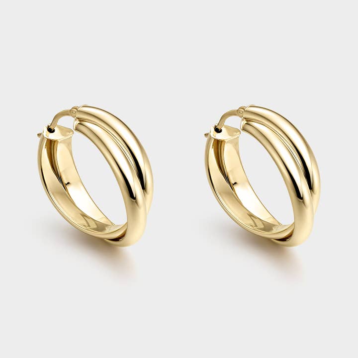Silver hoops plated in yellow gold with a double intertwined effect 25mm for wholesale by Itemporality