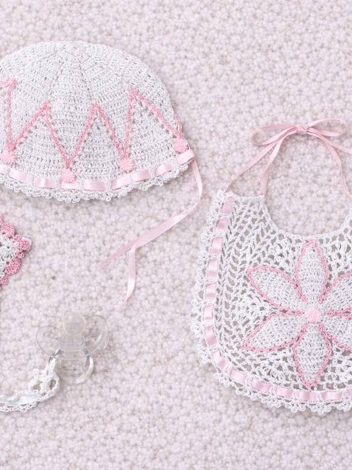 Magnolia Bloom Heirloom Bonnet, Bib, Pacifier Set for wholesale by Expectations