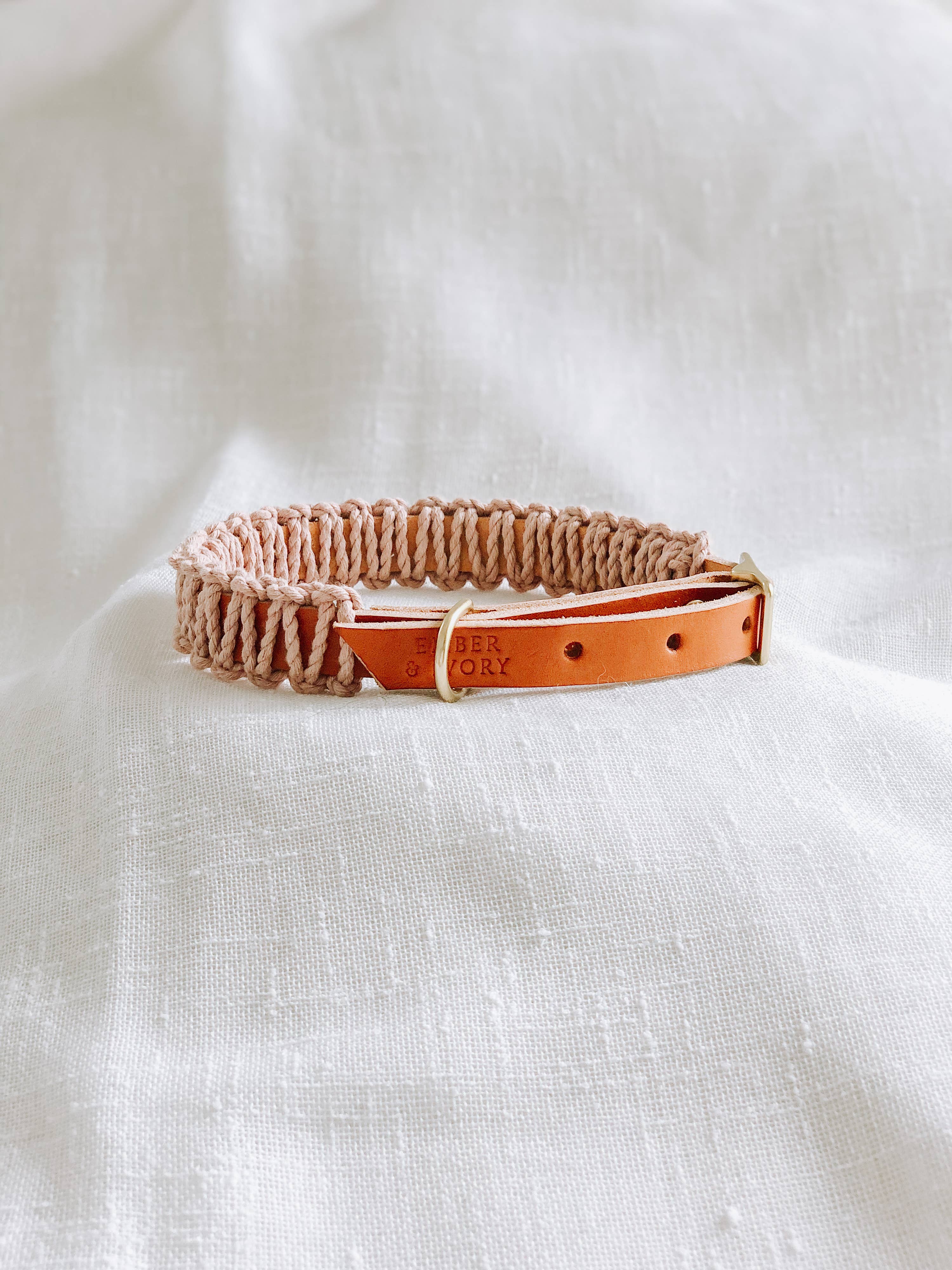 EMBER & IVORY - Wholesale Pet Collar - Dog - Caramel/Blush Macrame & Leather Dog Collar1
