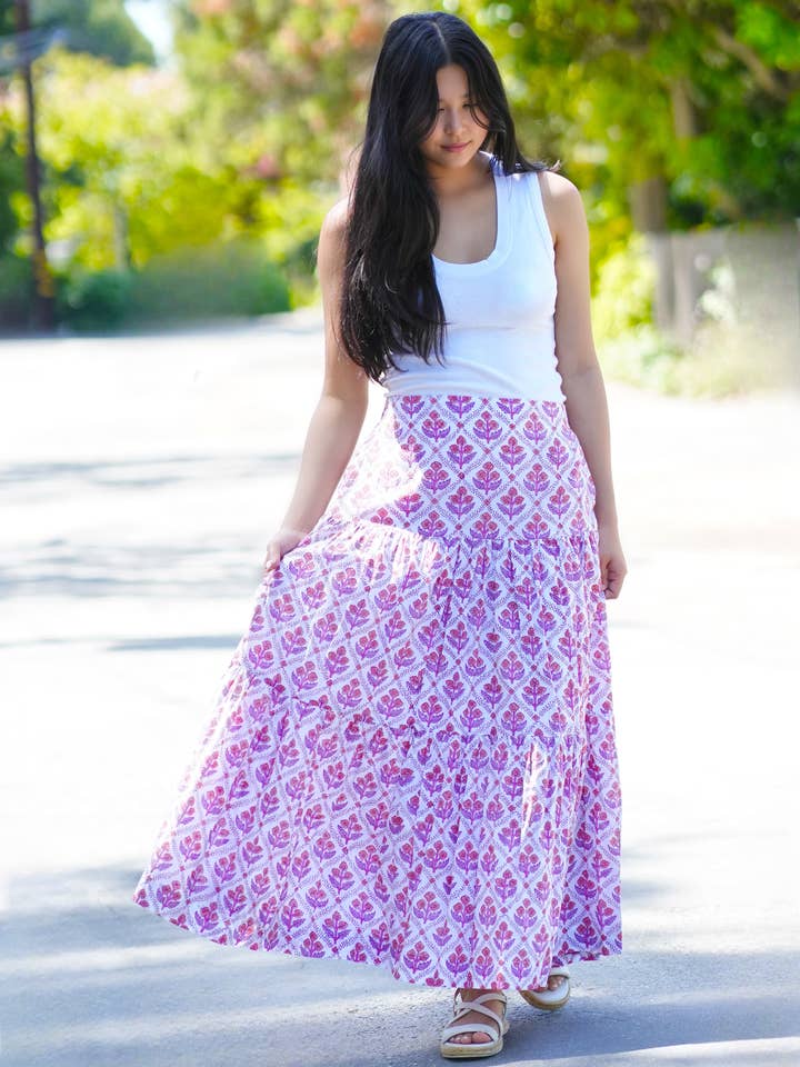 Block Printed Tiered Cotton Skirt- Purple White for wholesale on Faire