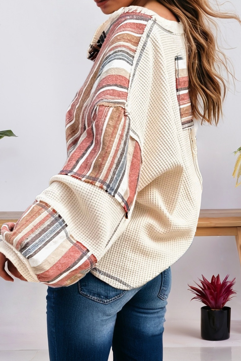 Beige Spring Striped Waffle Patchwork Exposed Seam Raw Edge Top for wholesale on Faire1