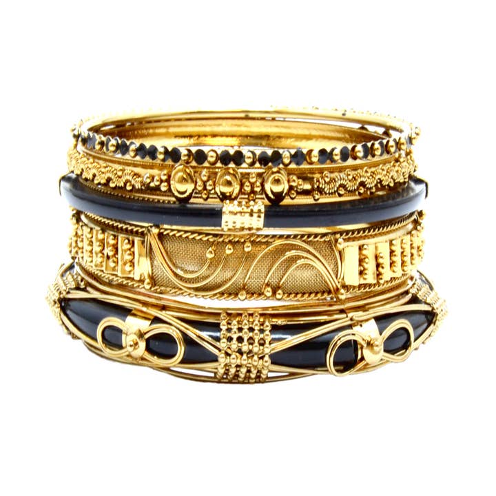 Bangle Bracelet 9 pc set in Black resin crystals in gold for wholesale by Erik & Mike