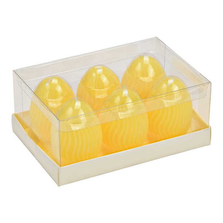 Wurm – Velas de decoração por atacado – Velas Ovo da Páscoa 3D listradas de cera (tempo de queima aprox. 3 horas), conjunto de 6, Amarelo (L/A/P) 5x6x5cm1