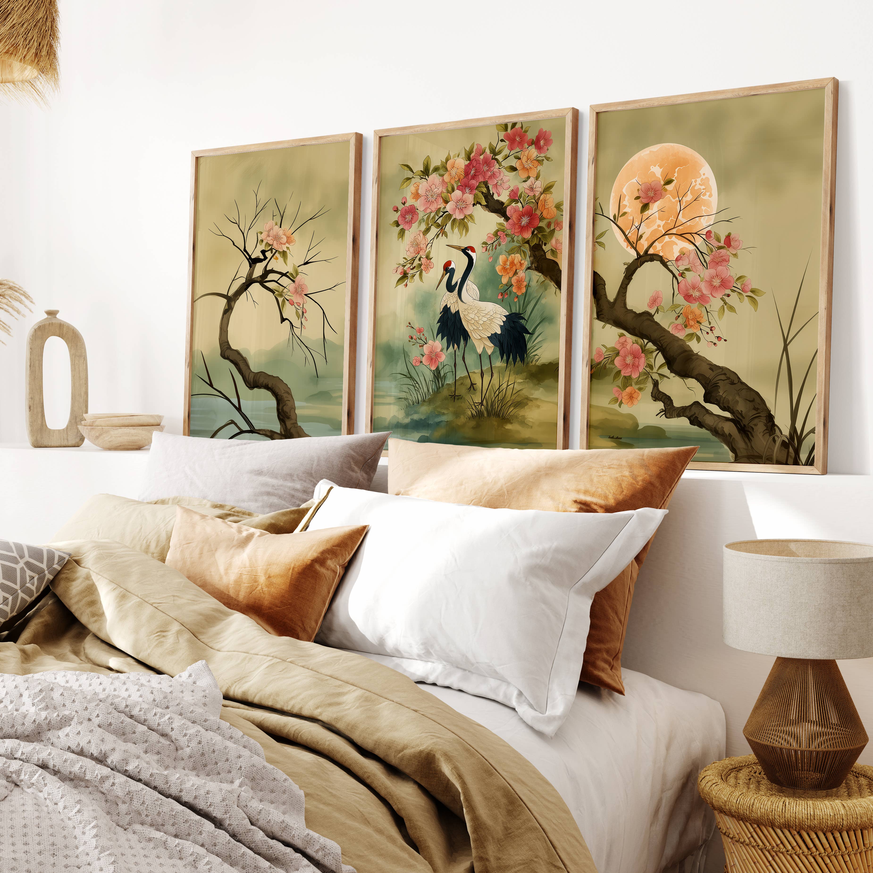 IuliiaArtPrints – wholesale Art print – Red-Crowned Cranes – Japanese Cherry Blossom Triptych Print2