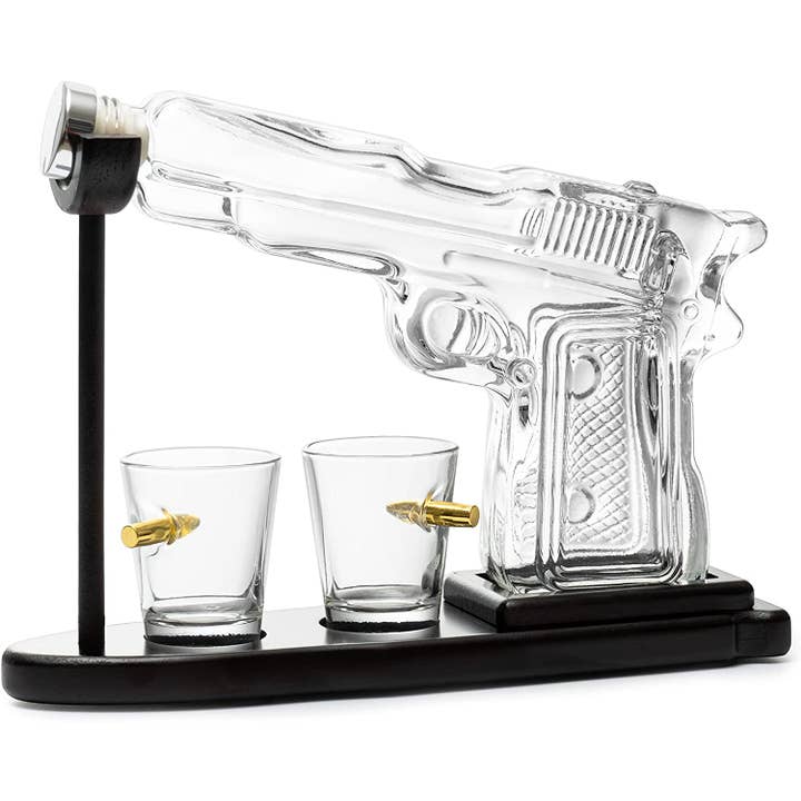The Wine Savant / Khen Glassware – wholesale Decanter – Pistol Gun Decanter Set + 2 Bullet shot Glasses & Wood Stand