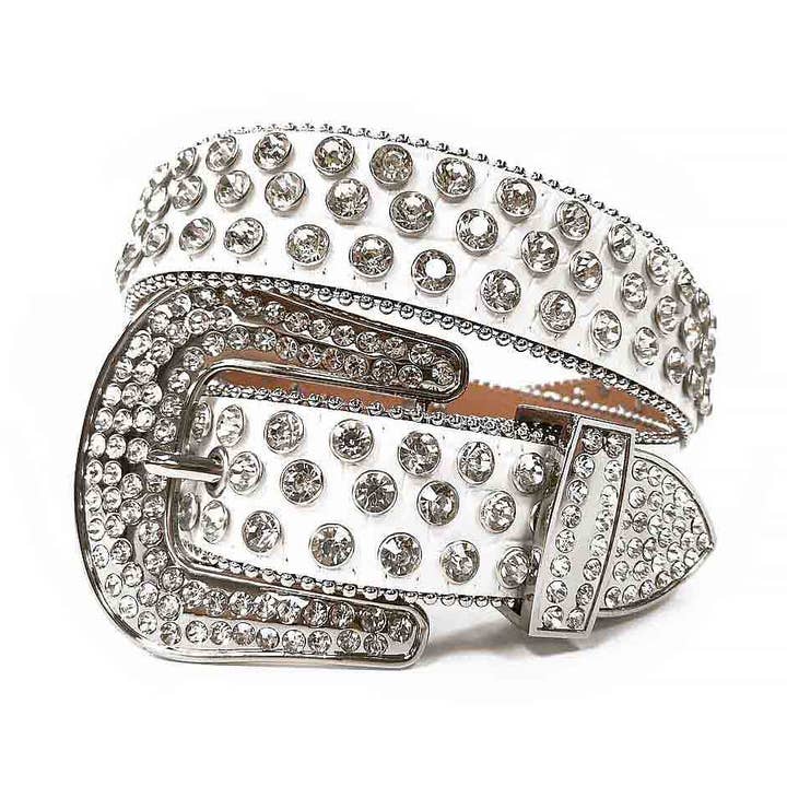 Bracelet blanc avec ceinture en strass cloutés blancs diamantés pour la vente par Rhinestone Belt Store