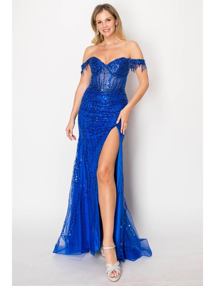 Chicas - Wholesale Gown - Women's - Off the Shoulder Sequin and Bead Long Dress C33152