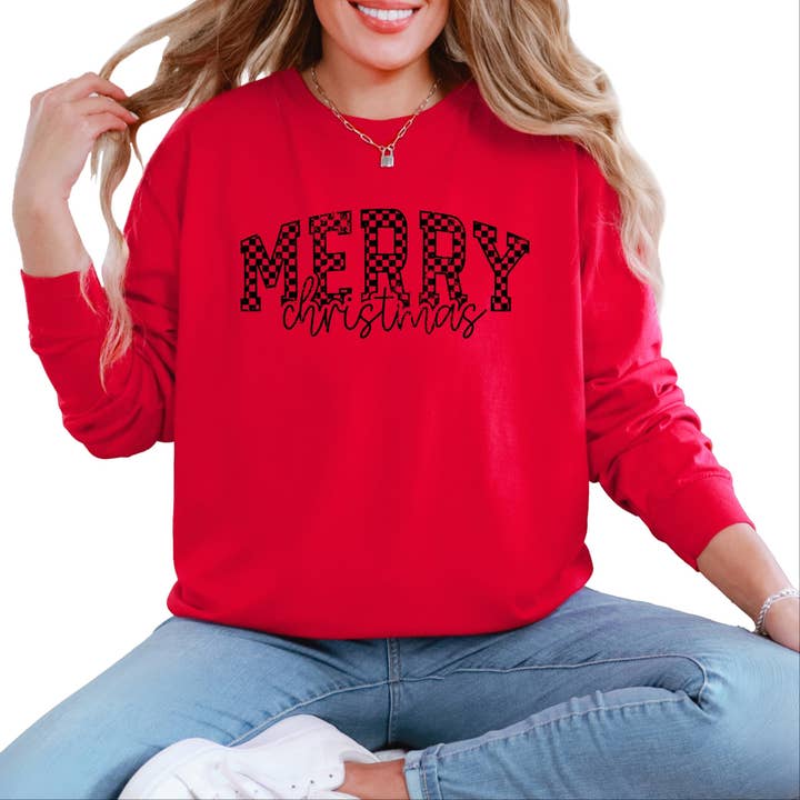 Merry Christmas Varsity Checkered - Garment Dyed Long Sleeve for wholesale by Olive And Ivory Wholesale