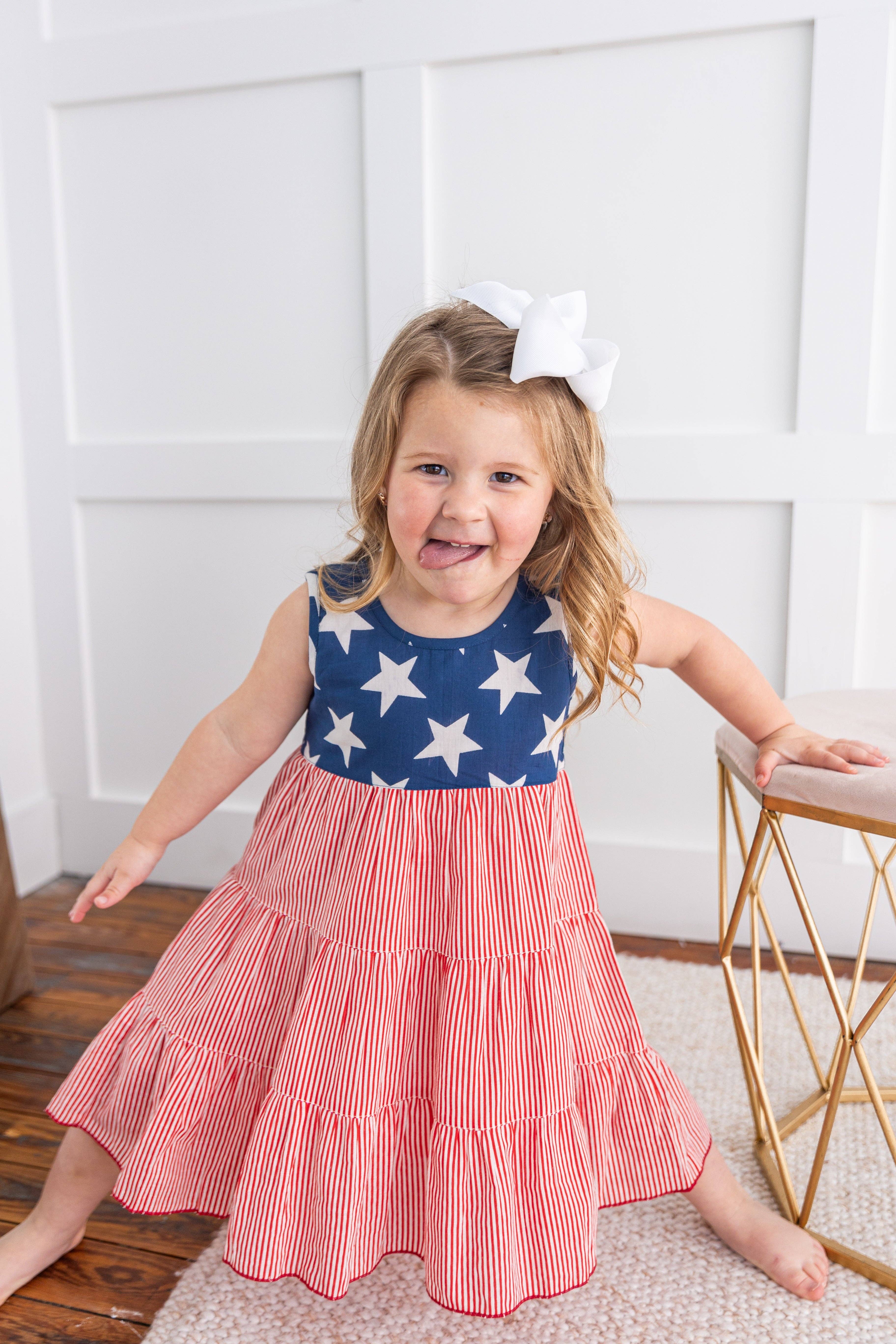 Yo Baby - Wholesale Dress - Kids - Stars & Red Striped Printed Tiered Gathered Dress4