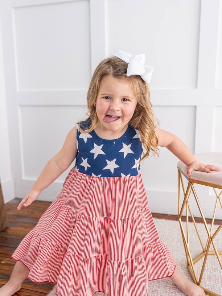 Yo Baby - Wholesale Dress - Kids - Stars & Red Striped Printed Tiered Gathered Dress4