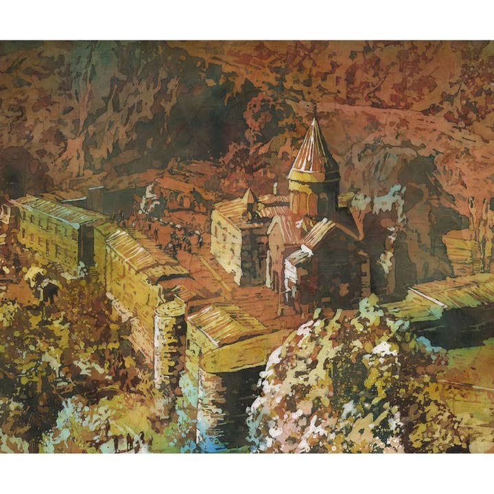 Geghardklostret nära Jerevan Armenien Färgglad akvarell landskapsmålning, handgjort batikverk Armenisk heminredning Oinramad (tryck) för wholesale av Ryan Fox Fine Art