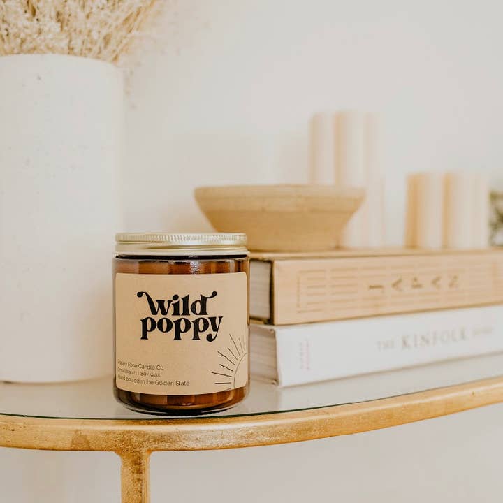 Poppy Rose Candle Co. - Wholesale Jar/Filled Candle - Wild Poppy 8 oz coconut wax amber jar candle6