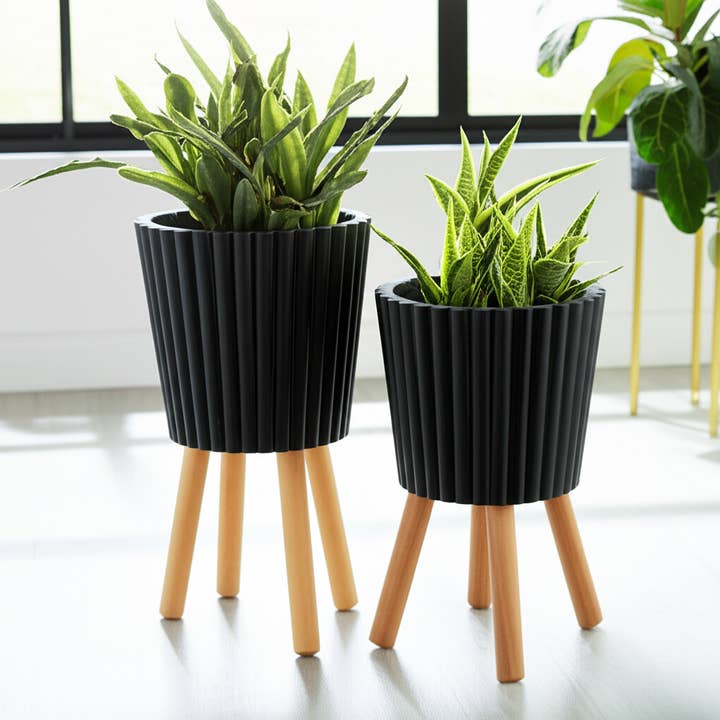 Sagebrook Home - Wholesale Plant Pot - Planters Set of 2 - Black Resin/Wood Legs Ridged, 10/12 in.1
