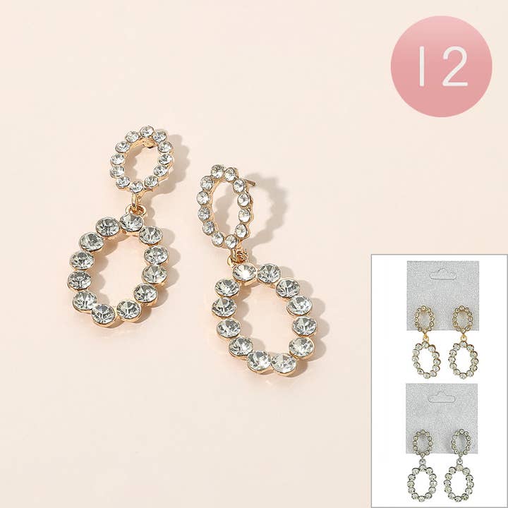 12Pairs - Rhinestone Oval Dangle Earrings for wholesale by Sensibling Corp.