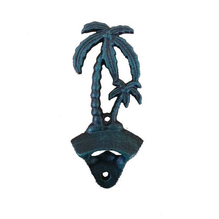 Hampton Ironworks - Wholesale Bottle/Wine Opener - Seaworn Blue Cast Iron Wall Mounted Palm Tree Bottle Opener 6"1