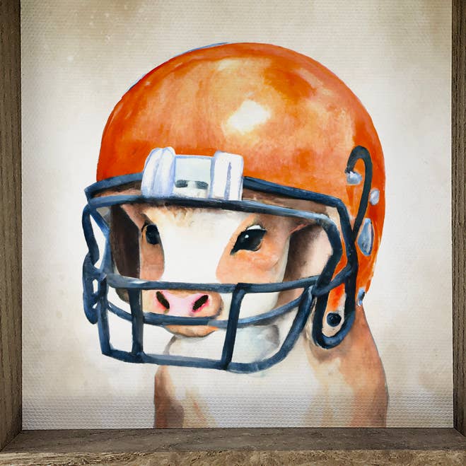 Letrero de fútbol con diseño de vaca bebé con casco naranja de Texas Longhorns para venta al por mayor de Hangout Home