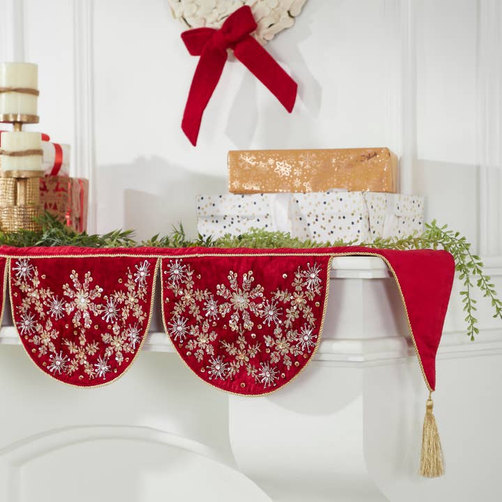 Arcadia Home - Wholesale Mantle Scarf - Red Velvet Christmas Mantle Scarf, Hand Beading, Embroidery2