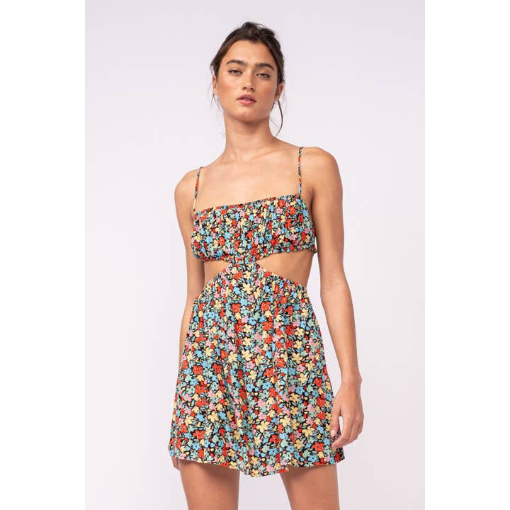 MULTI FLORAL WAIST CUTOUT OPEN BACK MINI DRESS for wholesale by Sky to Moon