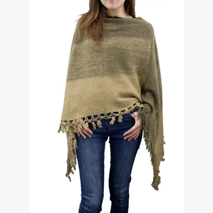 Fennco Styles – wholesale Poncho – Women's – Olive and Khaki Color Block Fringe Poncho Sweater1
