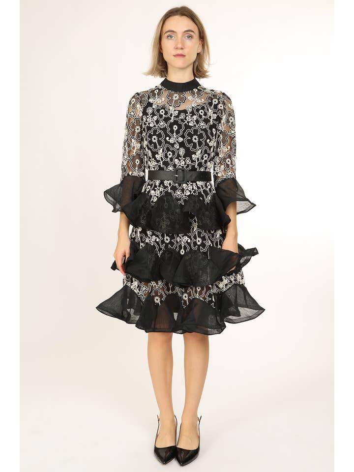 Beulah Style - Wholesale Jurk - Dames - Maxi-jurk van bloemenkant en gelaagde tule QC37808