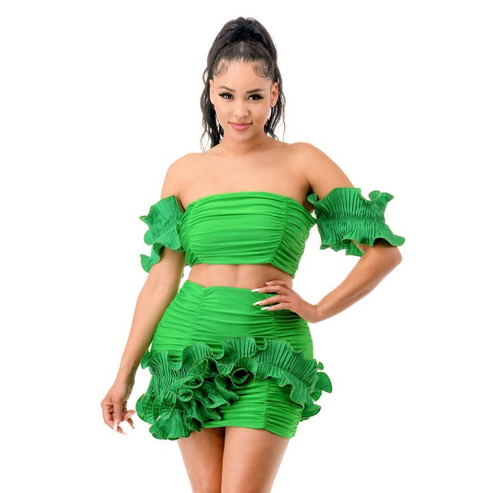 omgstyles - Wholesale Top & Skirt Set - Women's - Plus Ruched Tube Crop Top with Detached Ruffle Short Sleeve
