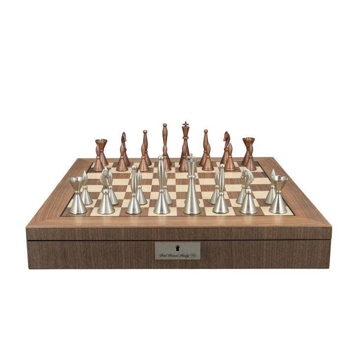 Staunton Metal Chessmen On Walnut Inlaid Chess Box for wholesale by Dal Rossi Italy