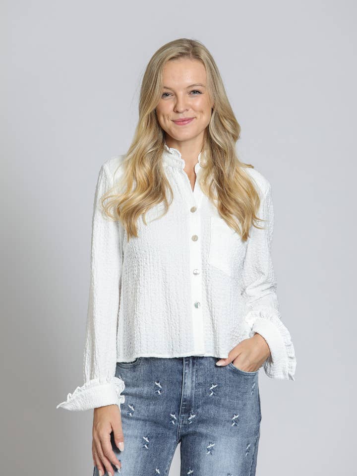 Cropped Check Shirt With Ruffle Detail - White for wholesale by APNY