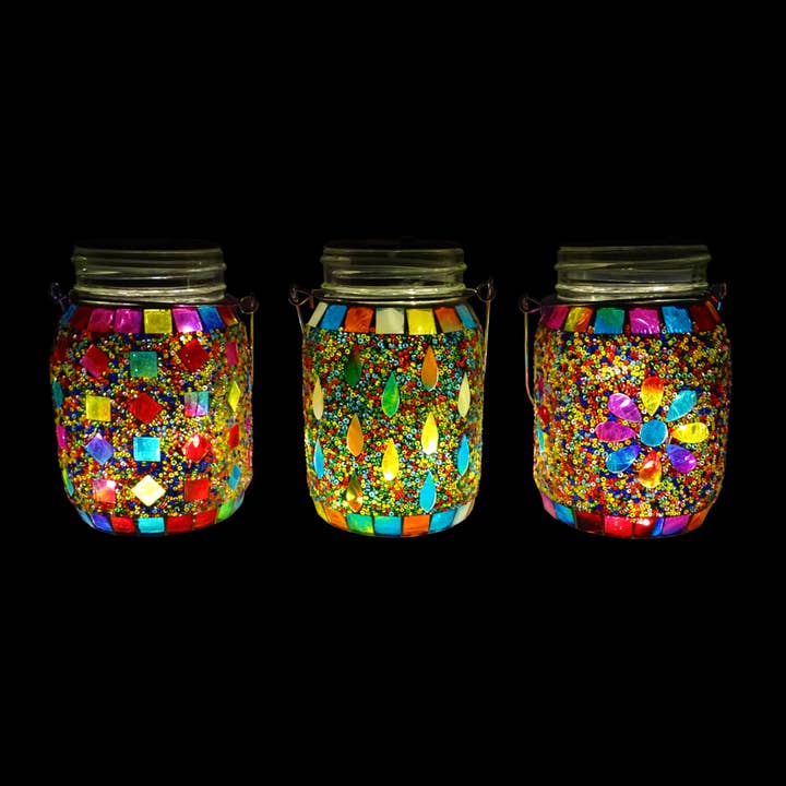 Solar Glass Mosaic Jar Lantern- Asstd. Display of 12 for wholesale by Alpine Corporation