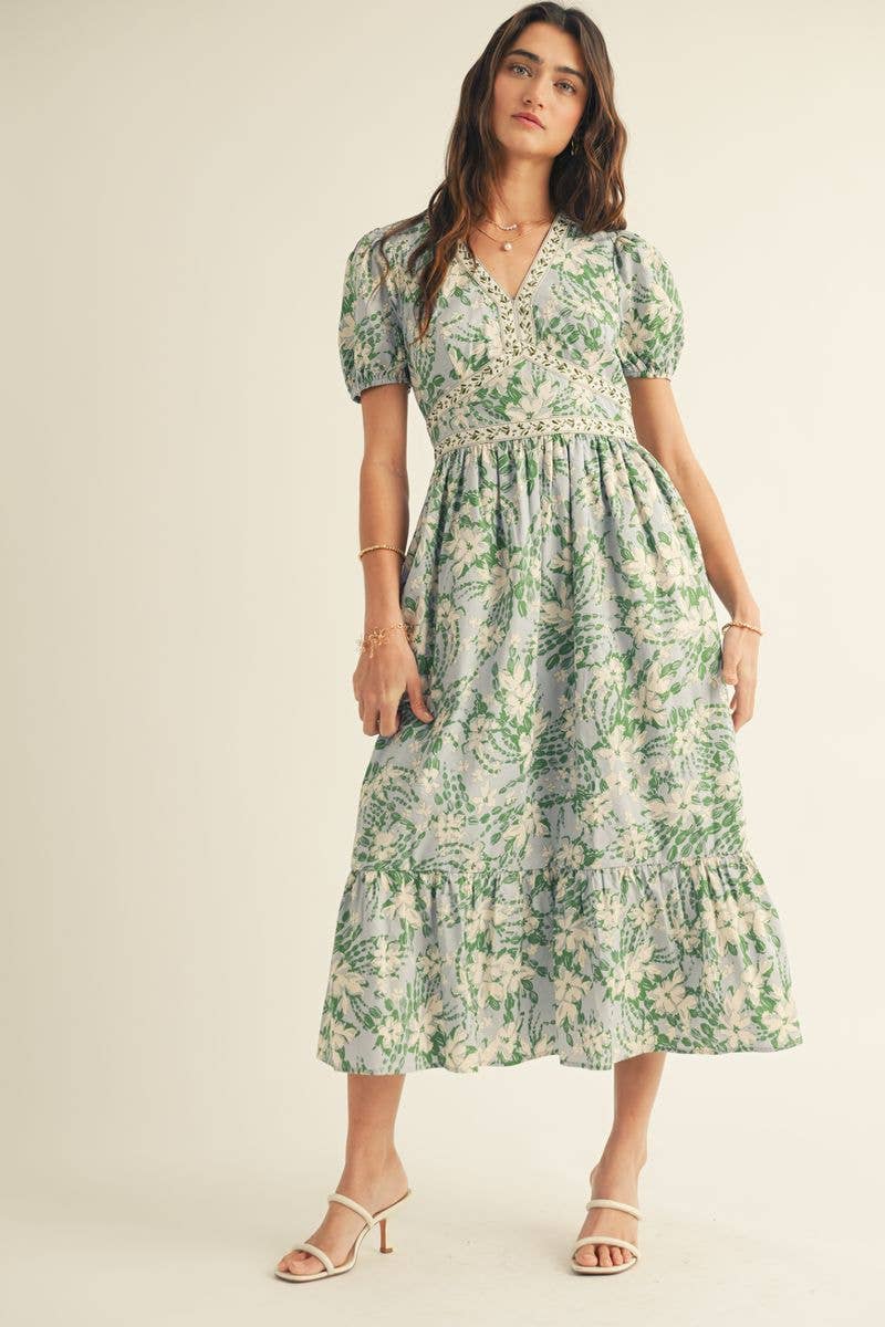 Azul Multi VESTIDO MIDI COM ESTAMPADO FLORAL, DECOTE EM V E BABADOS NA BAINHA para venda a revendedores na Faire5