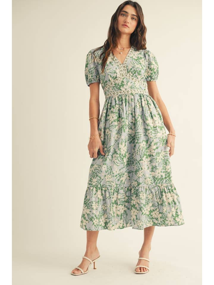 Blu Multi ABITO MIDI CON STAMPA FLOREALE, SCOLLO A V E BALZA SUL FONDO in vendita all'ingrosso su Faire5