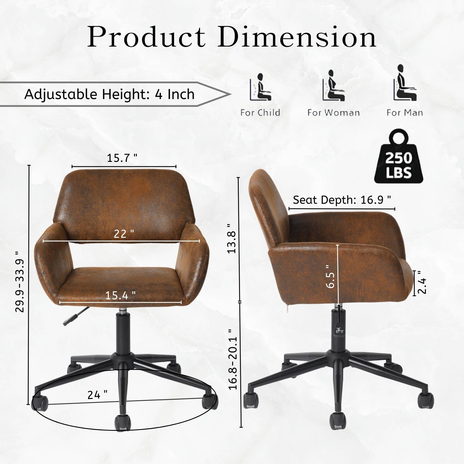 39F Inc. - Wholesale Chair - Adjustable Task Chair with Swivel Base Suede Brown/Beige12
